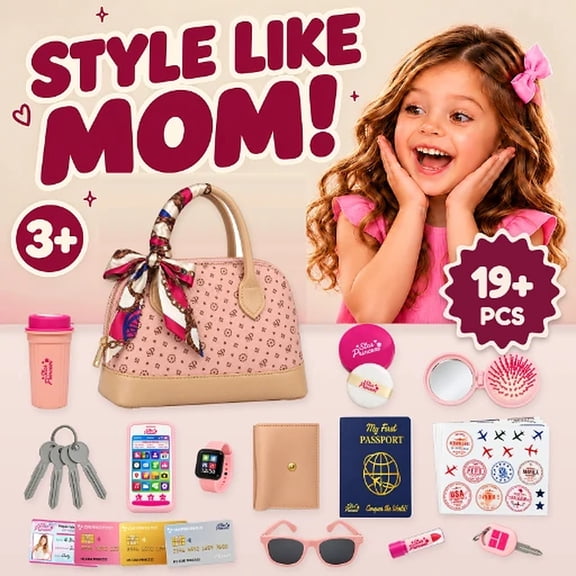Play Purse for Little Girls - Christmas Gift Pretend Play Set for Kids Including Handbag, Makeup, Phone, Wallet, Smartwatch, Passport, Cards, Keys - Birthday Gift Ideas for Girls Age 3 4 5 6 7+
