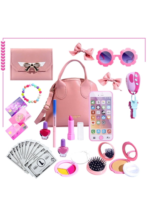 Play Purse Toy for Girls, Toddler Handbag with Makeup, Smartphone, Wallet, 31 Pcs Pretend Purse Set for 3+ Year Old Kids