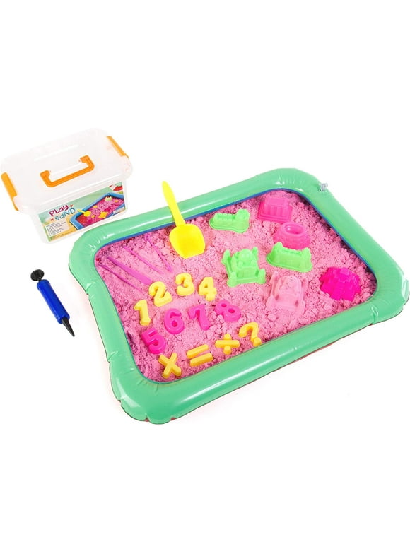 Play Sand Kit 32 pc Play Sand Sensory Toy with 3.3Lbs of Sand, Inflatable Sand Box, Castle Molds and More