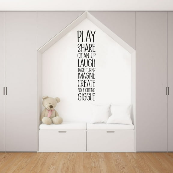 Play Share Clean Up Laugh Playroom Rules Play House Playmates Nursery Quotes Saying Wall Art Sticker Designs Vinyl Stickers For Home House Walls Rooms Window Bedroom Decoration Size (10x6 inch)