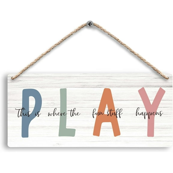 Play Sign Kids Playroom Hanging Wooden Signs 12X6, Play This Is Where Fun Stuff Happens Home Play Room Playroom Wall Decor, Play Sign Playroom Home Decor Gifts For Kids Girls Boys
