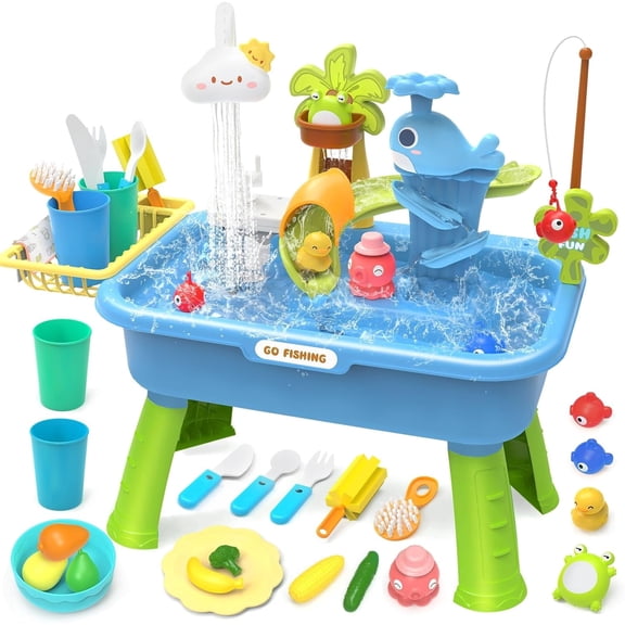 Play Sink with Running Water, 4-in-1 Kids Kitchen Sink Toy with Electric Faucet, Mini Water Table with Detachable Legs, Fishing Game, Pretend Play Dishwasher Gift Set for Boys & Girls(Blue)