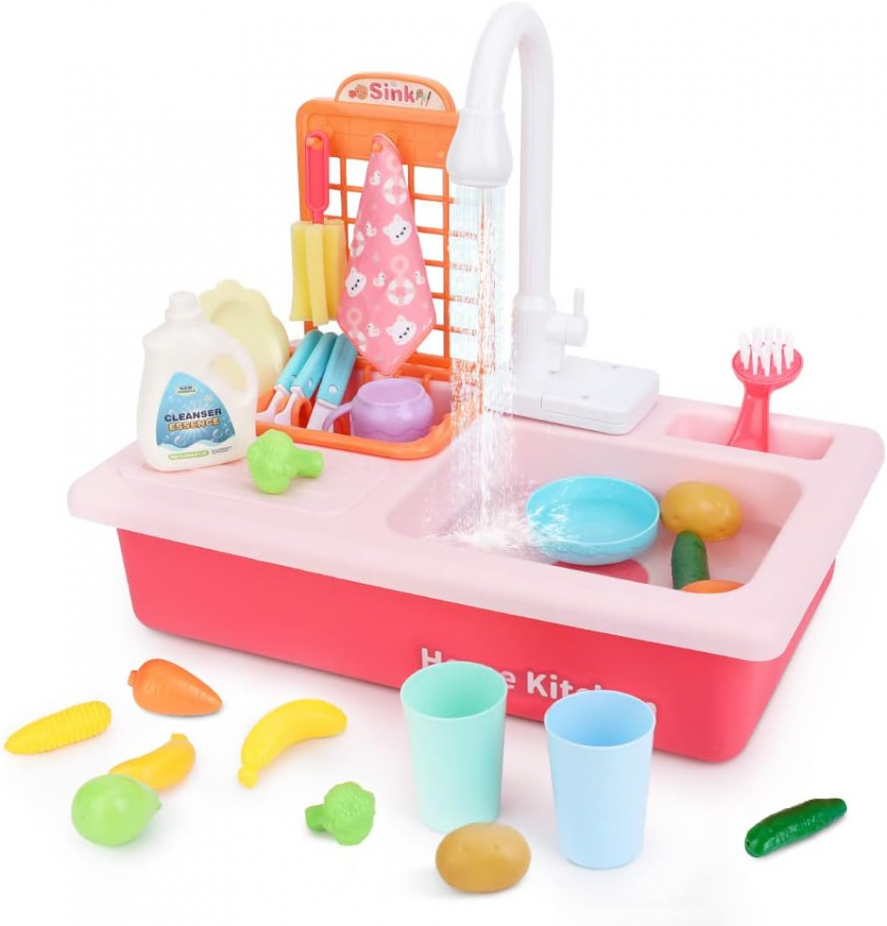 Play Sink with Running Water, Kids Pretend Play Kitchen Toy Sink for