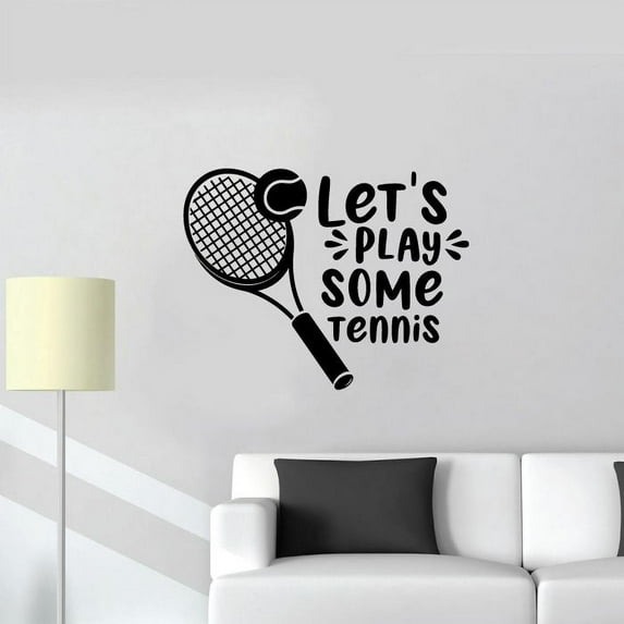 Let's Play Some Tennis Quote Tennis RAcquet Tennis Ball Tennis Player Silhouette Vinyl Wall Sticker Art Decal Sport Boy Girl Kids Room Design Bedroom Tennis Sports Vinyl Decoration Size (30x30 inch)