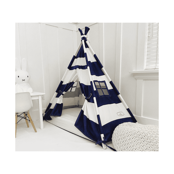 Play Tent Canopy Bed in Navy Blue and White Stripe Canvas WITH Doors