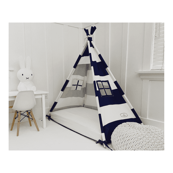 Play Tent Canopy Bed in Navy Blue and White Stripe Canvas