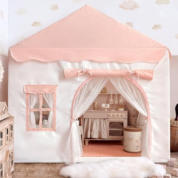 Play Tent with Double Door Children's Playhouse Castle Tents - Pink | Kids Tent with Mat, Portable Fantasy Adventure Play Tent Castle for Girls, House Toys for Birthday, Christmas House Gift