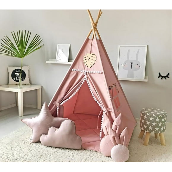 Play Tent Foldable Cotton Canvas Kids Teepee Tent with White Pom Pom Indoor Tipi Play Tent for Children Grils Playhouse with Carry Bag Without Mat