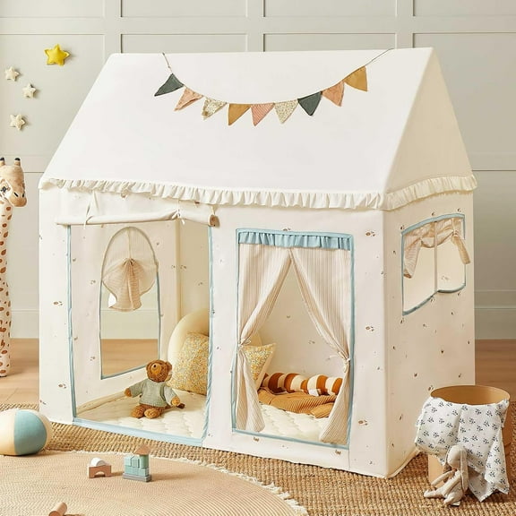 Play Tent with Padded Mat & LED Lights, Kids Tent, Playhouse for Kids, Indoor Bed Tent for Toddler, Toys for 3,4,5,6-Year-Old Girls, Neutral Color Play Room Furniture