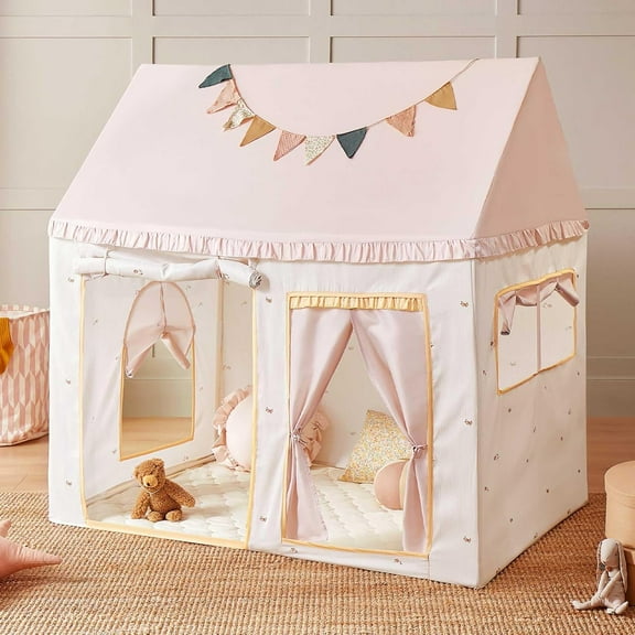 Play Tent with Padded Mat & LED Lights, Kids Tent, Playhouse for Kids, Indoor Bed Tent for Toddler, Toys for 3,4,5,6-Year-Old Girls, Neutral Color Play Room Furniture