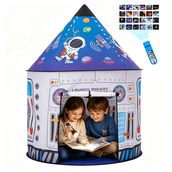 Space Play Tent for Kids, Astronaut Spaceship Space Pretend Playhouse with Flashlight Projector, Kid Pop Up Foldable Play Tents for Indoor Outdoor, Blue