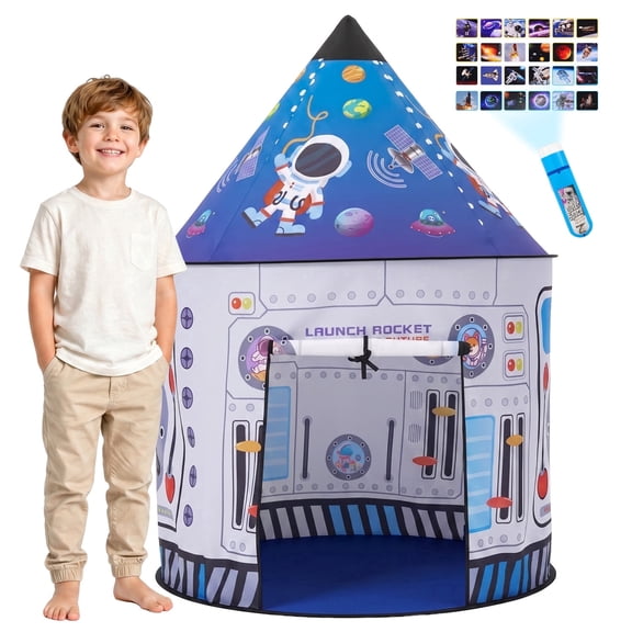 Space Play Tent for Kids, Astronaut Spaceship Space Pretend Playhouse with Flashlight Projector,  Kid Pop Up Foldable Play Tents for Indoor Outdoor, Blue