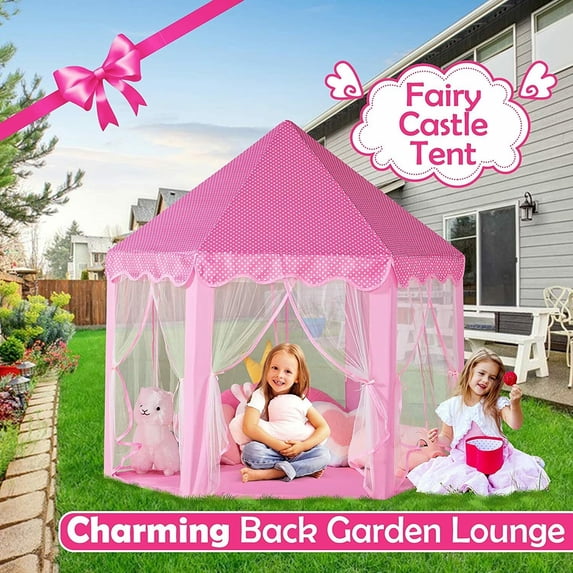 Play Tents for Girls, Kids Play Tent with LED Lights, Large Size 55" x 53" Pink Hexagon Kids Playhouses Indoor & Outdoor