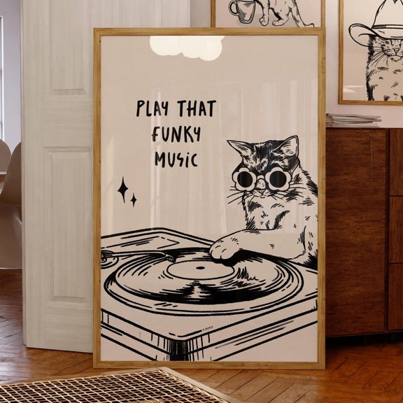 Play That Music Retro Cat Fun Bar Decor Wall Poster, Unframed Paper Poster 8x10in