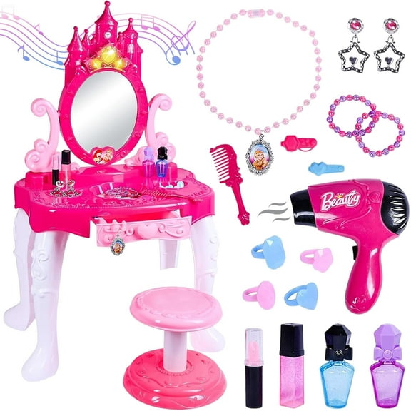 Play Vanity Sets for Girls Toddler Makeup Vanity Playset with Mirror and Makeup Table for Kids Beauty Set with Fashion & Makeup Accessories