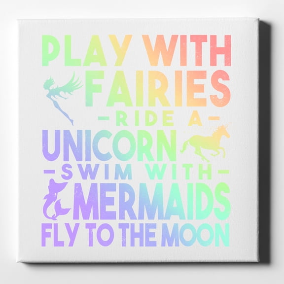 Play With Fairs Ride Unicorn Mermaids Moon - 10" x 10" - Decorative Canvas Wall Art - White Edge - 5/8" Gallery Wrapped