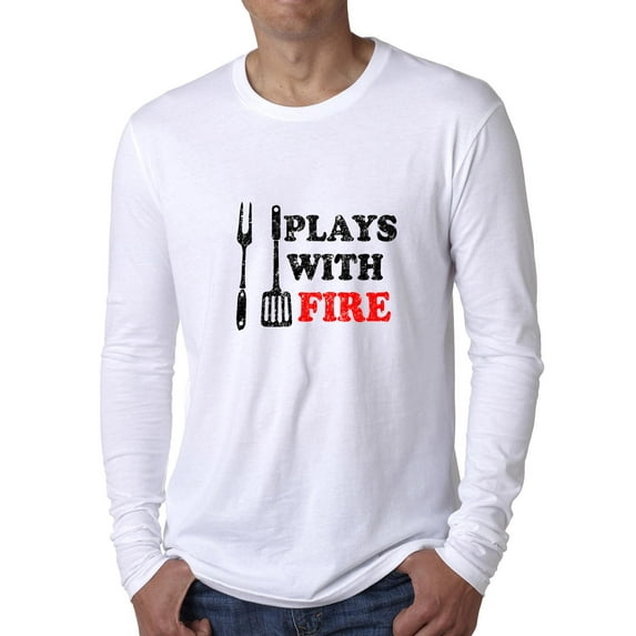Play With Fire - BBQ Grilling Tool Graphic Men's Long Sleeve Grey T-Shirt