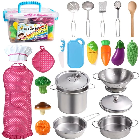 Play kitchen set, including a stainless steel cookware set, cooking utensils, an apron, and a chef's hat, perfect for children, girls, boys, and toddlers to pretend to chop vegetables