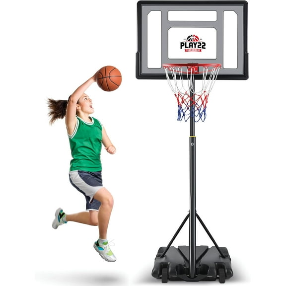 Play22 Kids Basketball Hoop Outdoor - 33 inch Backboard, 70-84in Adjustable Height, Portable Basketball Hoops & Goals for Kids/Teenagers/Youth in Backyard/Driveway/Indoor - Fillable Base