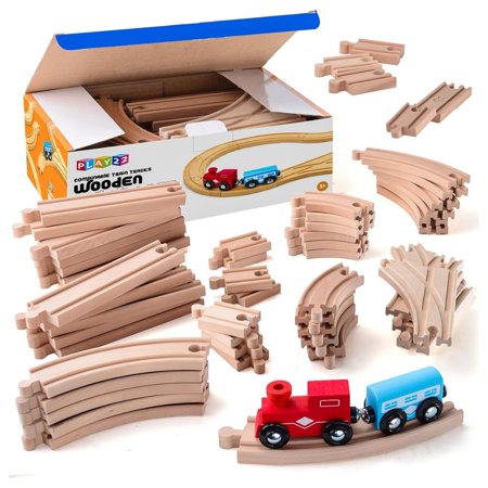 Play22 Kids Woden Train Track Set with 2 Bonus Toy Trains, 52 Count