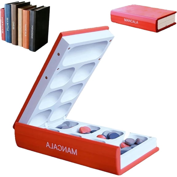 PlayBook'd - Hangman Game, Playbook Board Game 3D Printed Magnetic Chess Set, Four in a Row, Sea Battle, Backgammon, Mancala, Portable Books Design Board Challenge Game for Adults (Mancala)