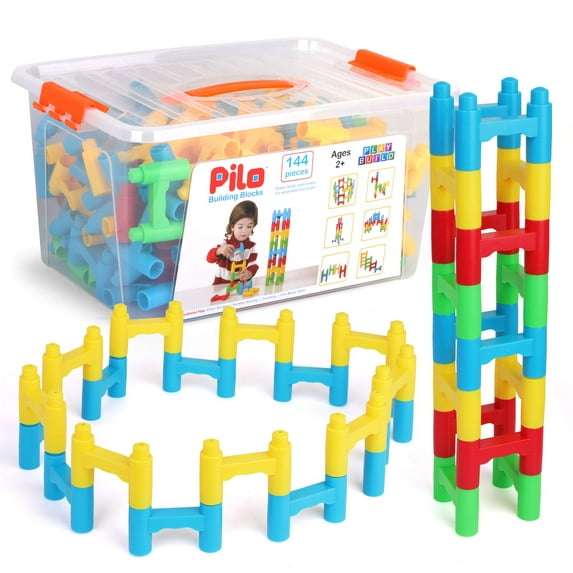 PlayBuild Pilo Building Blocks - H Blocks Bridge Constructor Stacking Toy - Fun Educational Construction Toys - Pillar Arch Aqueducts Build with Easy Plastic Storage Container