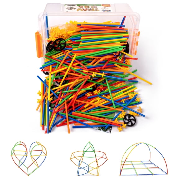 PlayBuild Straw Constructor STEM Building Toys, 800 Pcs + 16 Wheels, Colorful Interlocking Plastic Engineering Building and Construction Set. Fun, Educational, Safe for Kids- Develops Motor Skills