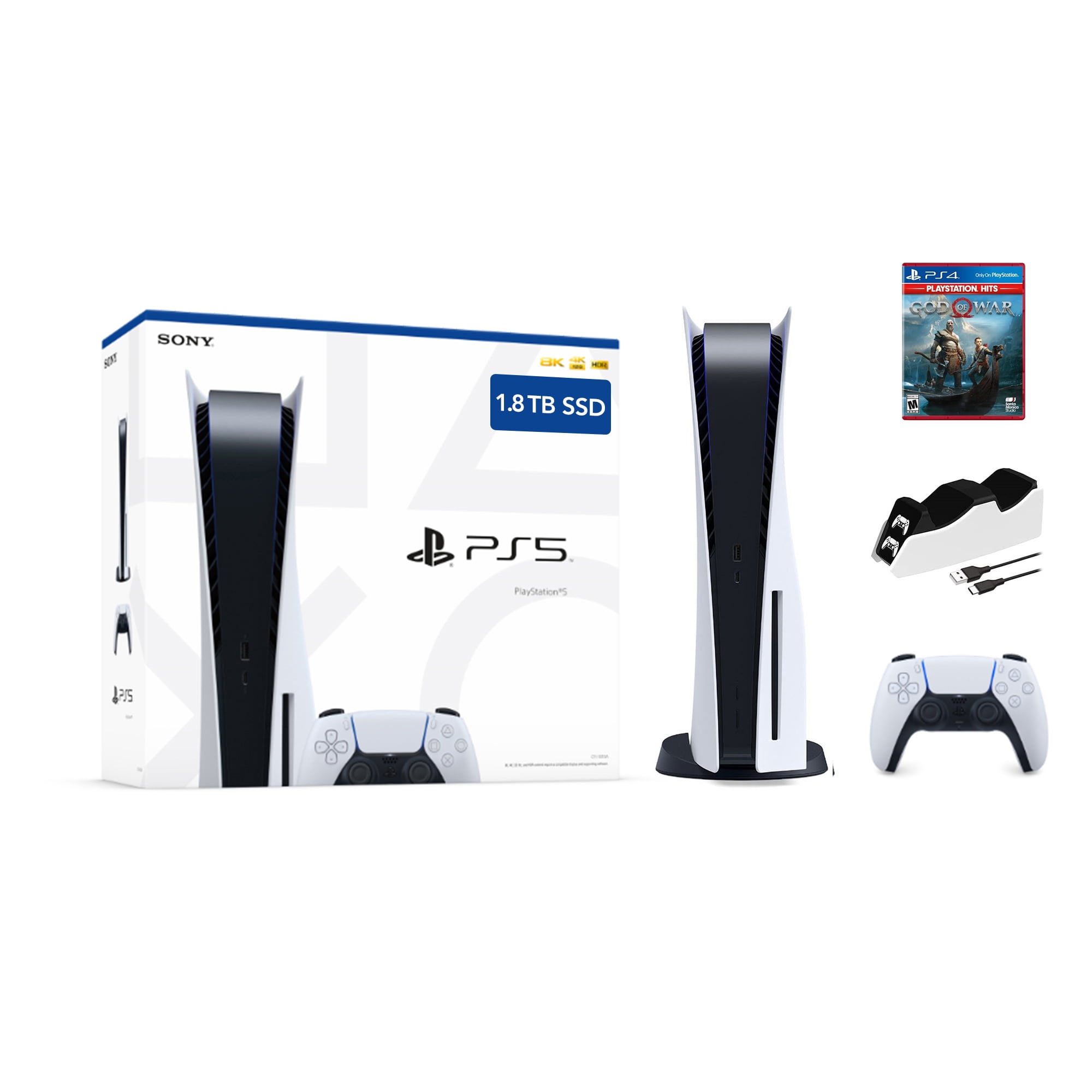 PlayStation 5 Disc 1.8TB Upgraded PS5 Gaming Console with Ultra Fast PCIe  Gen 4 SSD, Wireless Controller, God of War & Mytrix Controller Charging  Dock - PS5, White 