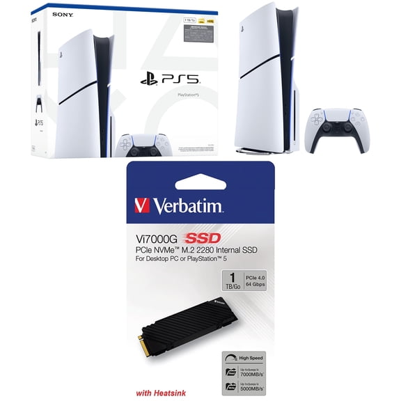 PlayStation 5 Disc Console Slim - 1TB with Verbatim 1TB Vi7000 PCIe NVMe M.2 2280 Internal SSD
