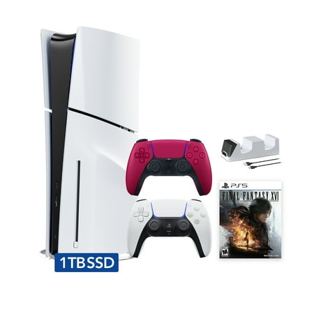 PlayStation 5 Disc Edition FINAL FANTASY XVI Bundle with Two Controllers White and Cosmic Red DualSense and Mytrix Dual Controller Charger - PS5 Gaming Console