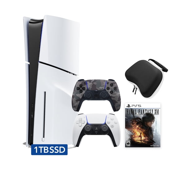 PlayStation 5 Disc Edition FINAL FANTASY XVI Bundle with Two Controllers White and Gray Camouflage DualSense and Mytrix Hard Shell Protective Controller Case - PS5 Gaming Console