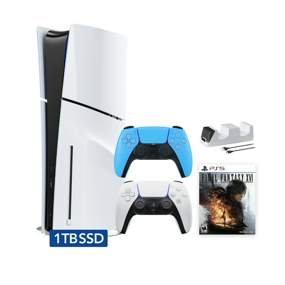 PlayStation 5 Disc Edition FINAL FANTASY XVI Bundle with Two Controllers White and Starlight Blue DualSense and Mytrix Dual Controller Charger - PS5 Gaming Console