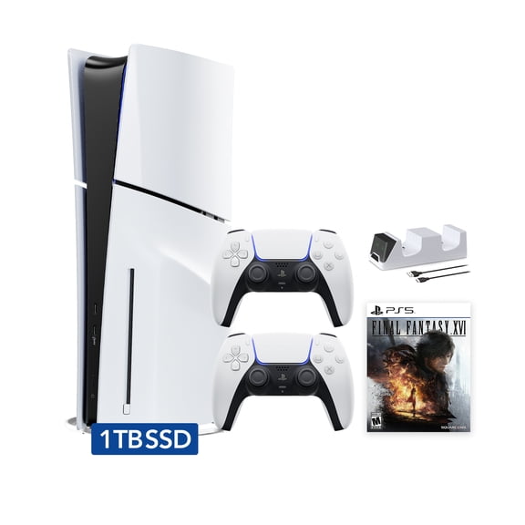 PlayStation 5 Disc Edition FINAL FANTASY XVI Bundle with Two DualSense Controllers and Mytrix Dual Controller Charger - PS5 Gaming Console