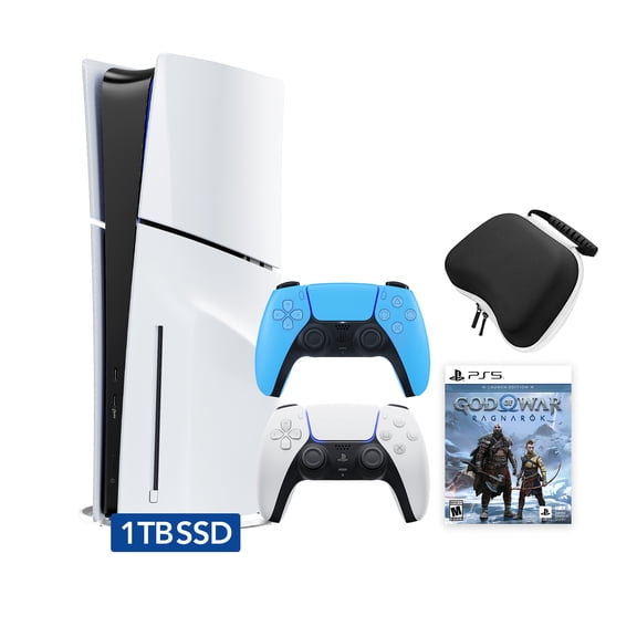 PlayStation 5 Disc Edition God of War Ragnarok Bundle with Two Controllers White and Starlight Blue DualSense and Mytrix Hard Shell Protective Controller Case