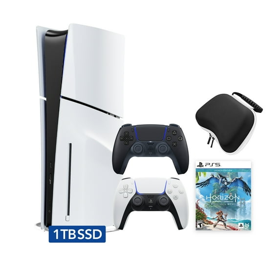 PlayStation 5 Disc Edition Horizon Forbidden West Bundle with Two Controllers White and Midnight Black DualSense and Mytrix Hard Shell Protective Controller Case