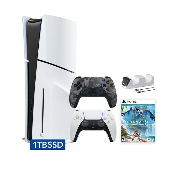 PlayStation 5 Disc Edition Horizon Forbidden West Bundle with Two Controllers White and Gray Camouflage DualSense and Mytrix Dual Controller Charger