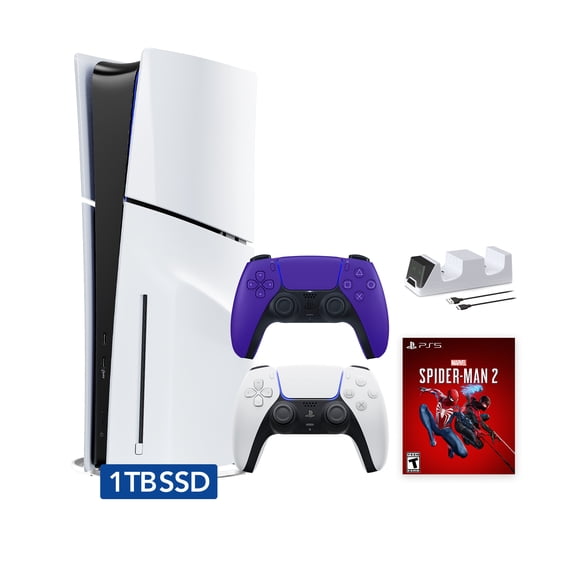 PlayStation 5 Disc Edition Marvel's Spider-Man 2 Bundle with Two Controllers White and Galactic Purple DualSense and Mytrix Dual Controller Charger - PS5 Gaming Console