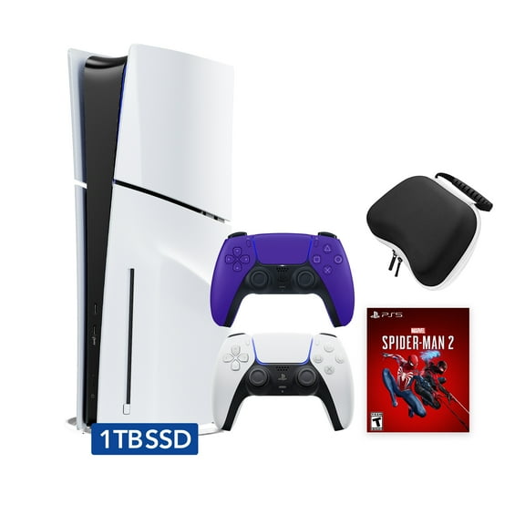 PlayStation 5 Disc Edition Marvel's Spider-Man 2 Bundle with Two Controllers White and Galactic Purple DualSense and Mytrix Hard Shell Protective Controller Case - PS5 Gaming Console