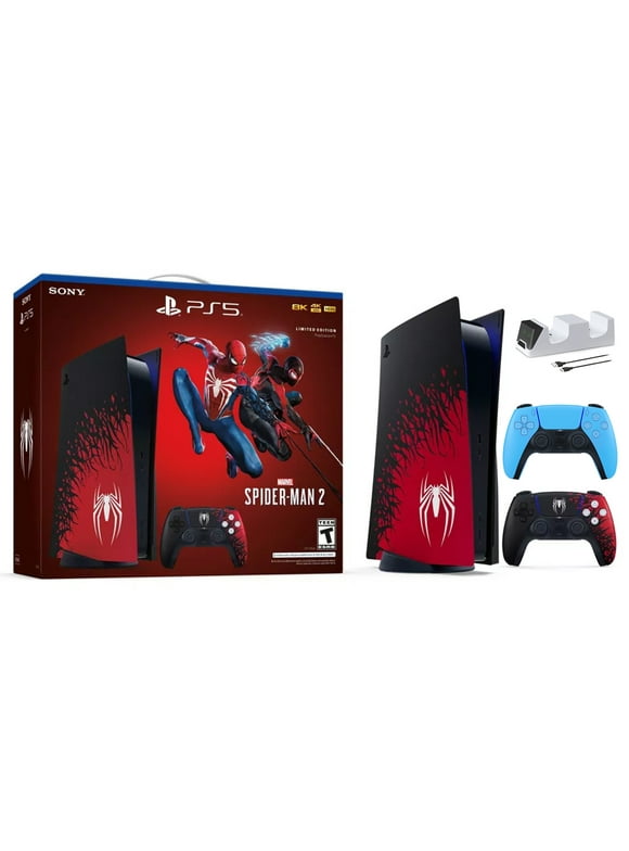 PlayStation 5 Disc Edition Marvel's Spider-Man 2 Limited Bundle with Two Controllers Spider-Man and Starlight Blue DualSense and Mytrix Dual Controller Charger - PS5 Gaming Console