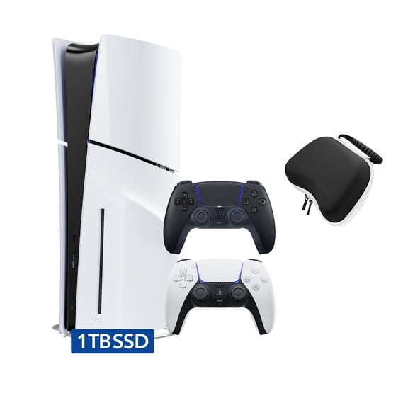 PlayStation 5 Disc Edition with Two Controllers White and Midnight Black DualSense and Mytrix Hard Shell Protective Controller Case - PS5 Gaming Console