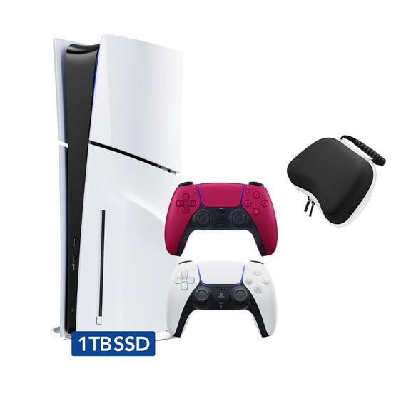 PlayStation 5 Disc Edition with Two Controllers White and Cosmic Red DualSense and Mytrix Hard Shell Protective Controller Case - PS5 Gaming Console