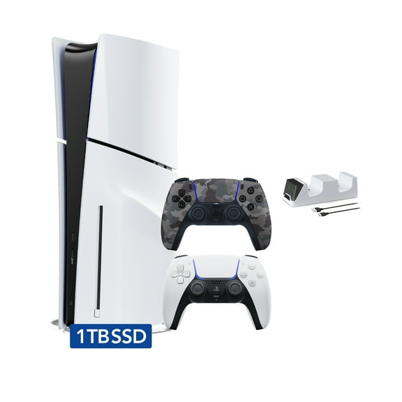 PlayStation 5 Disc Edition with Two Controllers White and Gray Camouflage DualSense and Mytrix Dual Controller Charger - PS5 Gaming Console