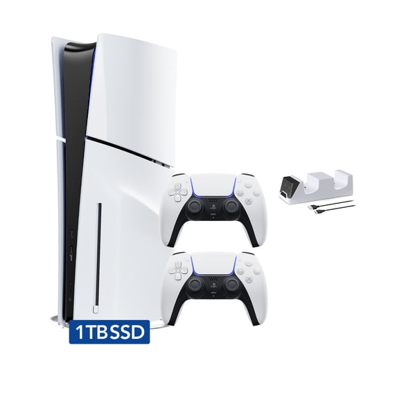 PlayStation 5 Slim Disc Edition 1TB SSD with Two DualSense Controllers and Mytrix Dual Controller Charger - Region Free PS5 Gaming Console