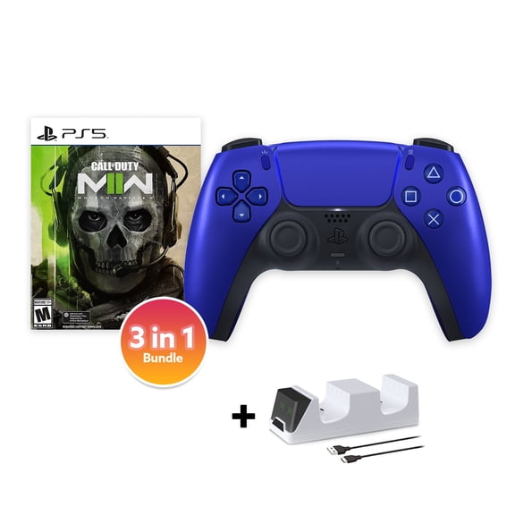 PlayStation 5 DualSense Controller Cobalt Blue with Call of Duty Modern Warfare II and Mytrix Dual Controller Charger - 3 in 1 Bundle for PS5