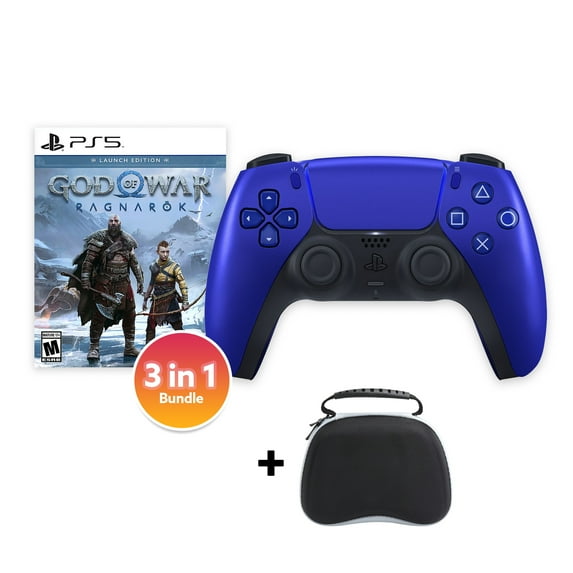 PlayStation 5 DualSense Controller Cobalt Blue with God of War Ragnarok and Mytrix Hard Shell Controller Protective Case - 3 in 1 Bundle for PS5