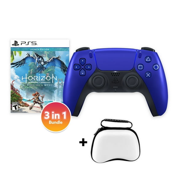PlayStation 5 DualSense Controller Cobalt Blue with Horizon Forbidden West and Mytrix Hard Shell Controller Protective Case - 3 in 1 Bundle for PS5