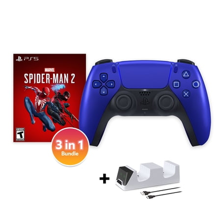 PlayStation 5 DualSense Controller Cobalt Blue with Spider-Man 2 and Mytrix Dual Controller Charger - 3 in 1 Bundle for PS5