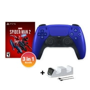 PlayStation 5 DualSense Controller Cobalt Blue with Spider-Man 2 and Mytrix Dual Controller Charger - 3 in 1 Bundle for PS5