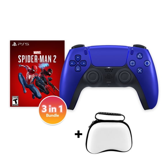 PlayStation 5 DualSense Controller Cobalt Blue with Spider-Man 2 and Mytrix Hard Shell Controller Protective Case - 3 in 1 Bundle for PS5