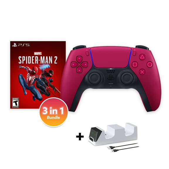 PlayStation 5 DualSense Controller Cosmic Red with Spider-Man 2 and Mytrix Dual Controller Charger - 3 in 1 Bundle for PS5